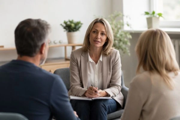 Couple discussing financial arrangement , pensions in divorce Exeter